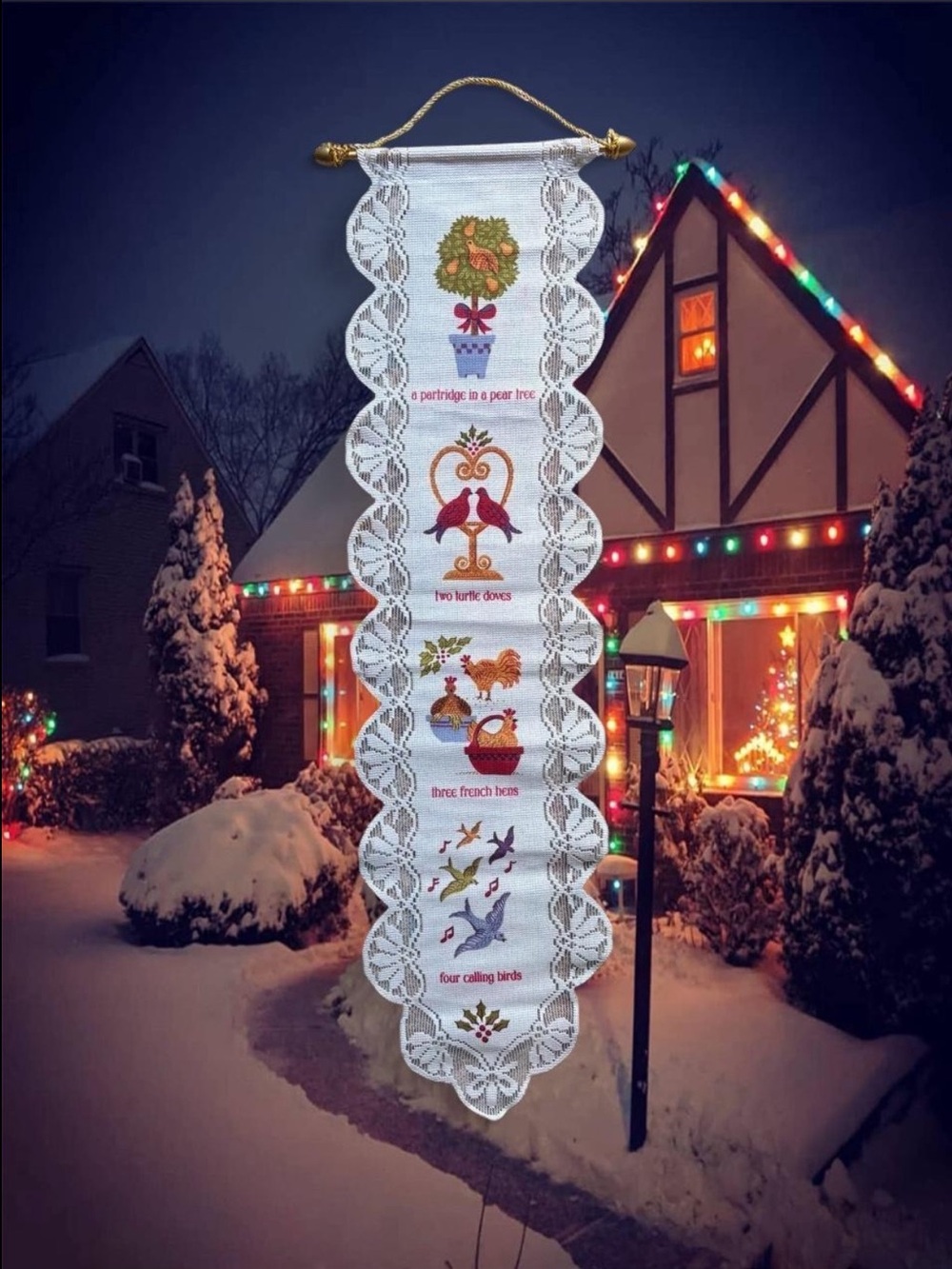 Vintage Avon 12 Days of Christmas Lace Wall Hanging Banner Christmas Panel